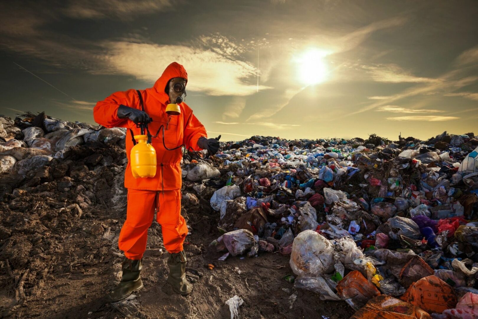 Man in hazmat suit cleaning landfill